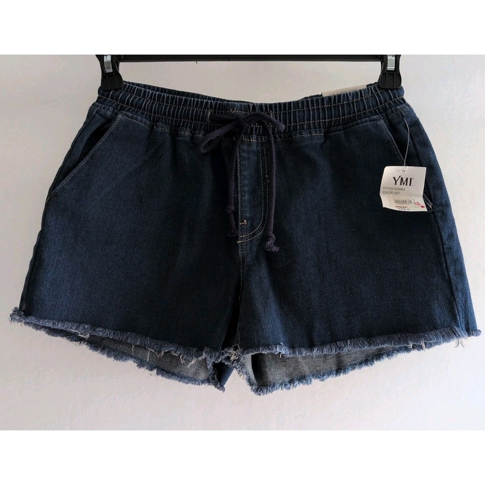YMI Jeans USA Elastic Waist Drawstring Denim Shorts Fray Hem High Rise Size Sm